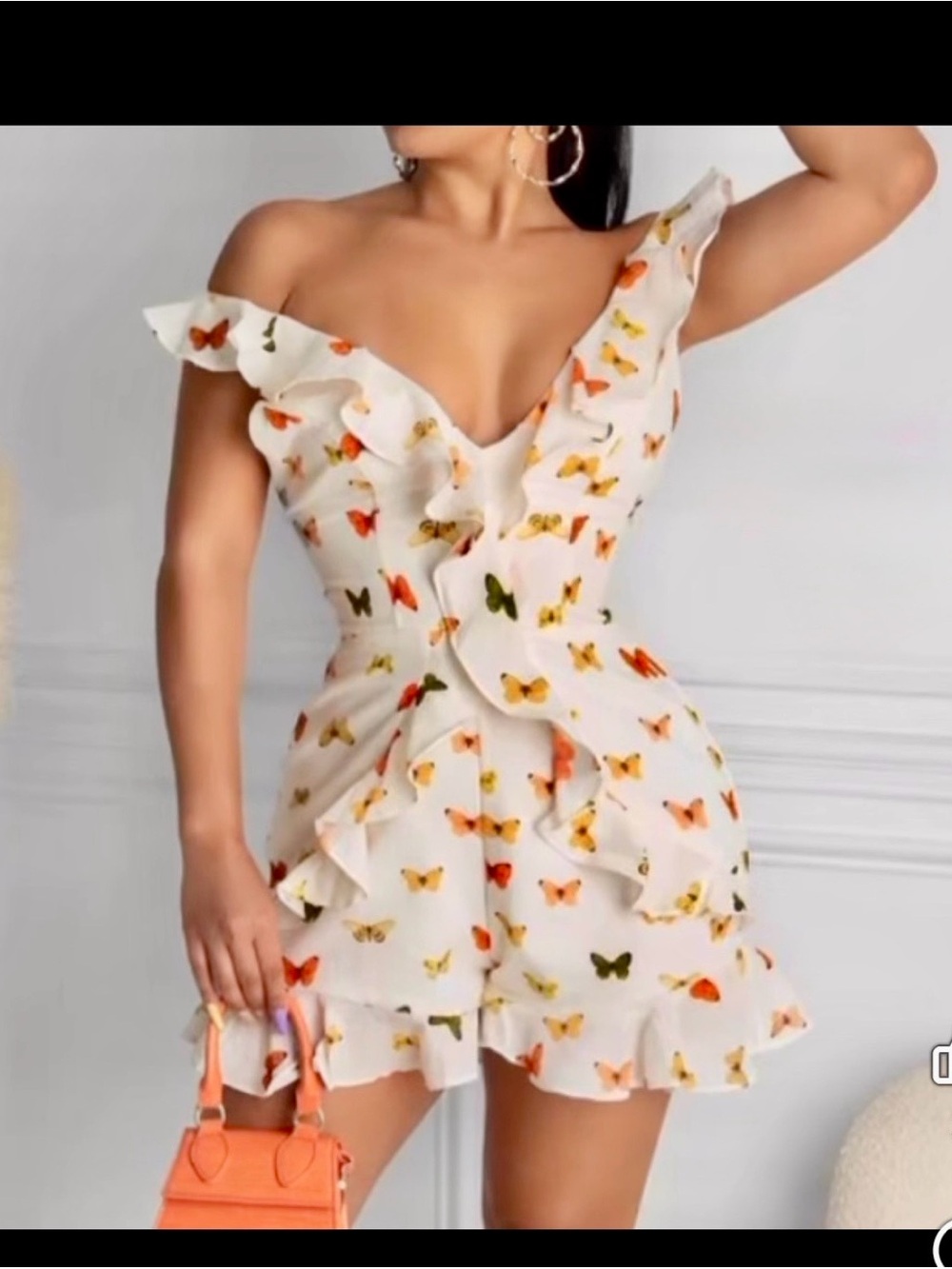 Rosevelvet White Butterfly Print Ruffle Romper